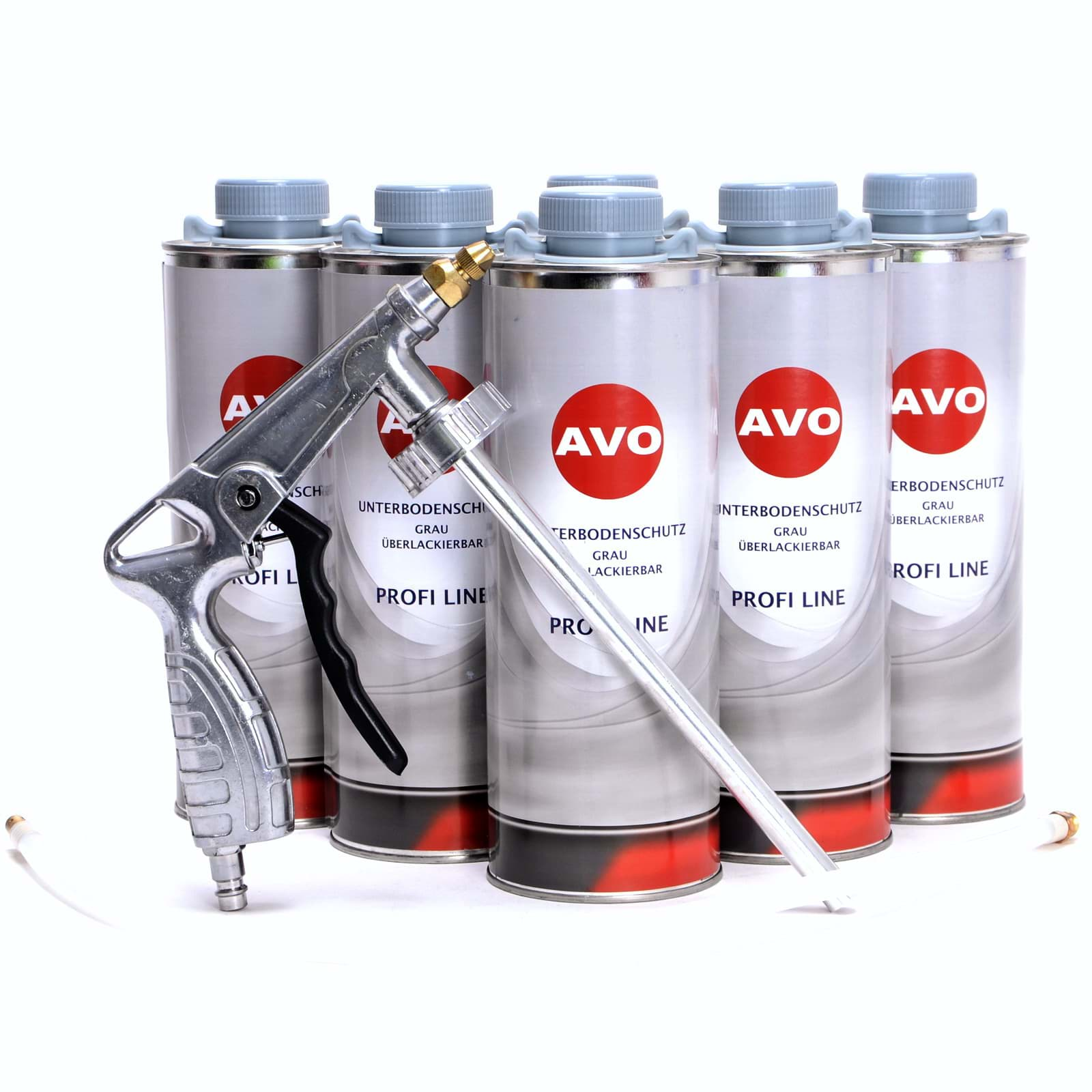 Изображение AVO Unterbodenschutz überlackierbar grau 6 x 1 Liter+ 1 UBS/HV Spritzpistole