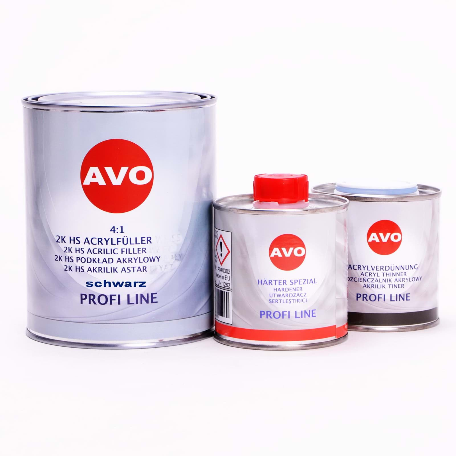 Obraz AVO 2K HS 4:1 Grundier Füller  Acrylfiller schwarz 1,5 Liter Set (1Liter Füller + 0,25 Liter Härter + 0,25 Liter 2K Acrylverdünnung)